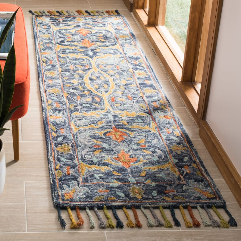 SAFAVIEH Handmade Aspen Jaiden & Eclectic Floral & Botanical - 2' 3" x 9' - Blue/Rust