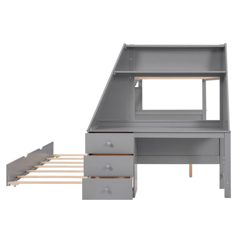 Twin over Full Bunk Bed with Trundle, Built-in Desk, Drawers, and Shelf, Gray