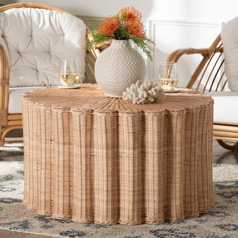 Kensley Natural Rattan Coffee Table - Handwoven Wicker Round Accent Table with Scalloped Silhouette, Boho Coastal Décor