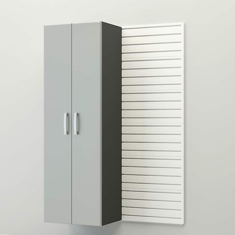 34 Piece Slatwall Panel, Cabinet, Hook, Bin, Shelf and Workstation Storage Set - White Slat Wall/Silver Cabinet
