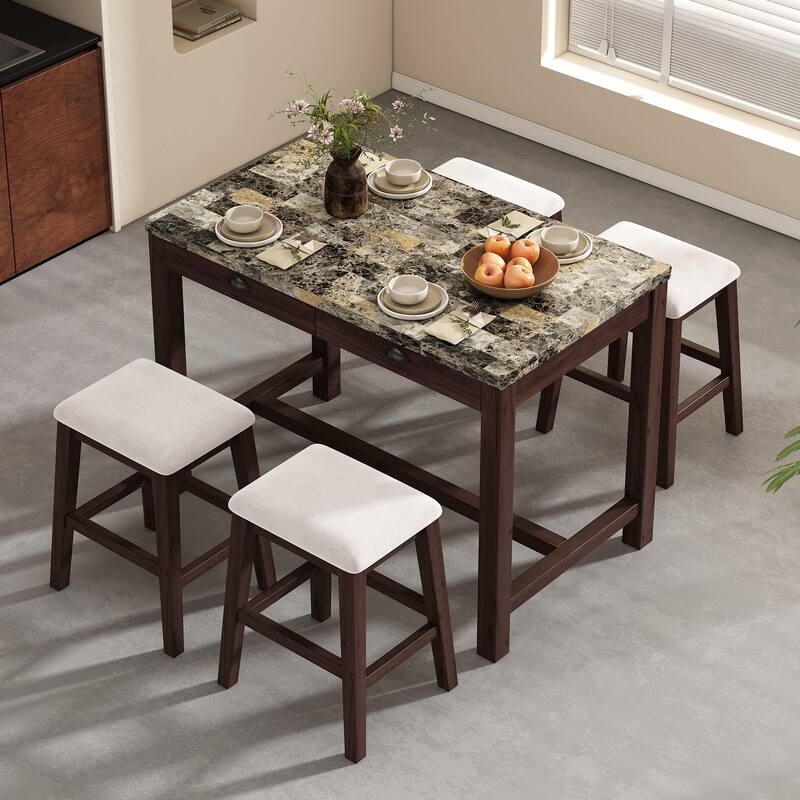 Modern Faux Marble Bar Table Set with Storage & Stools