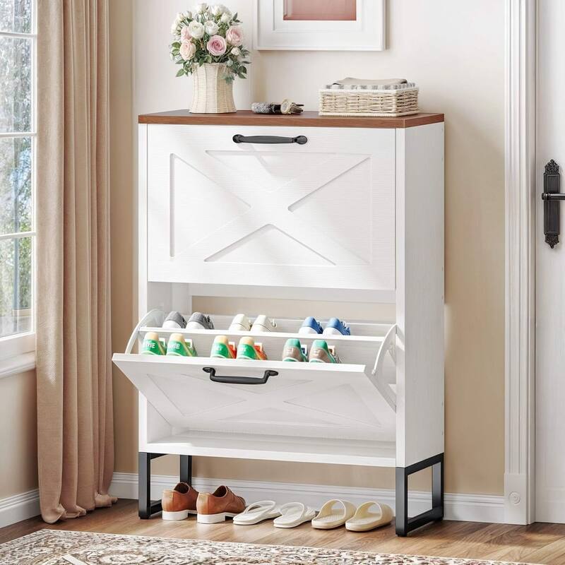 Moasis Shoe Storage Cabinet with 2 Flip Drawers and Open Shelves Shoe Rack for Entryway - Brown Top/White