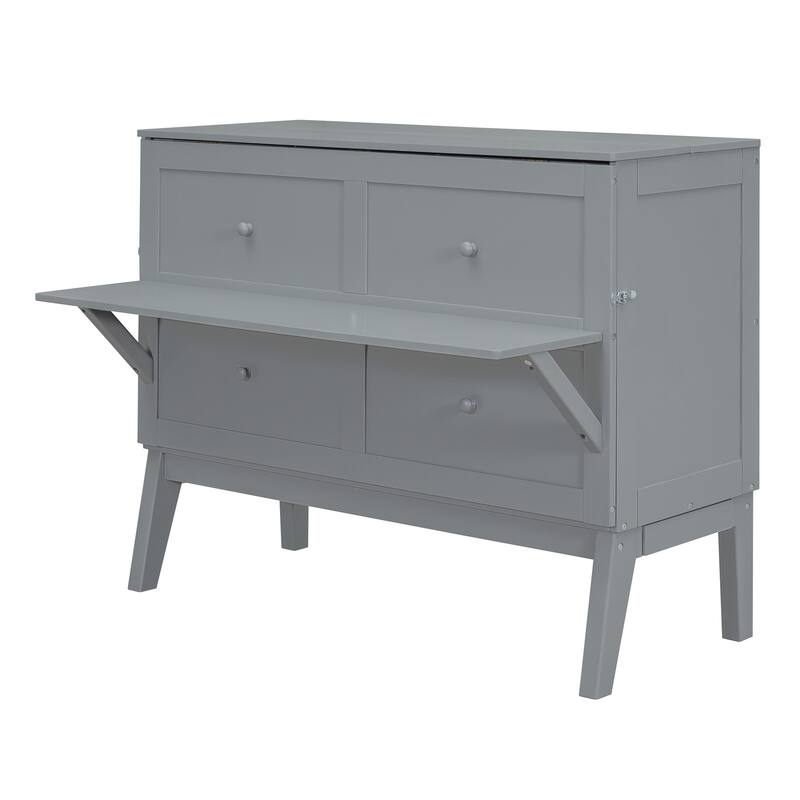 Full Size Murphy Bed with USB Port, Solid Wood Murphy Chest Bed, Platform Murphy Bed Frame with Removable Shelves On Each Side