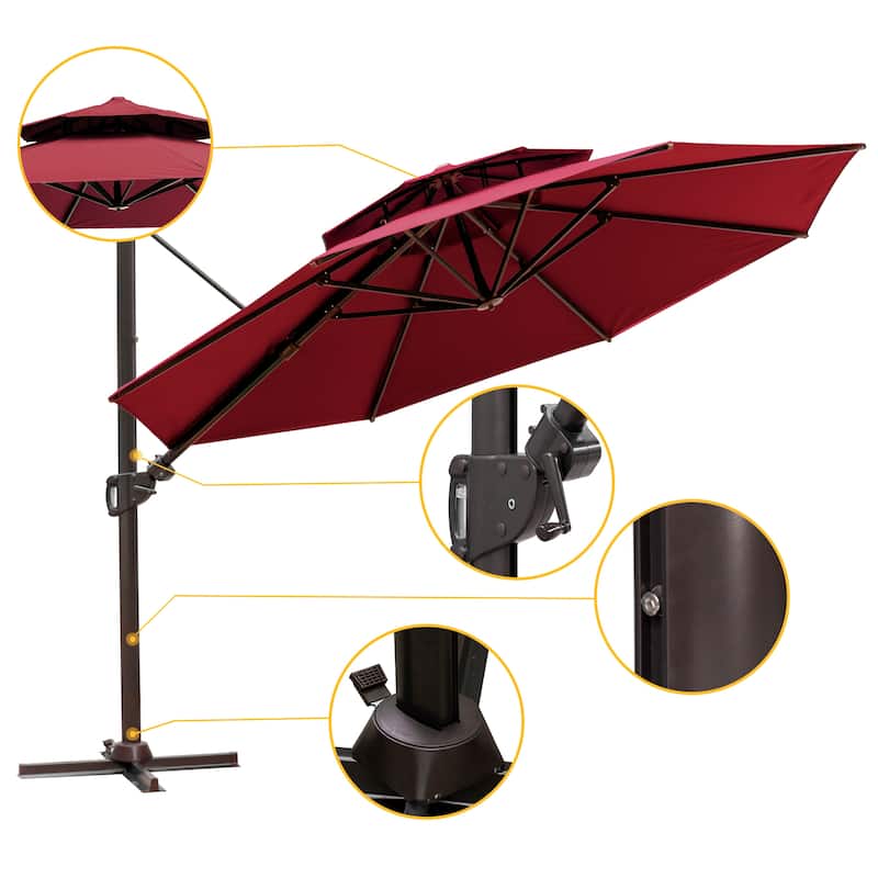 11 FT Outdoor Solar-Powered LED Light Aluminum Double Top Patio Cantilever Umbrella with Fillable Base
