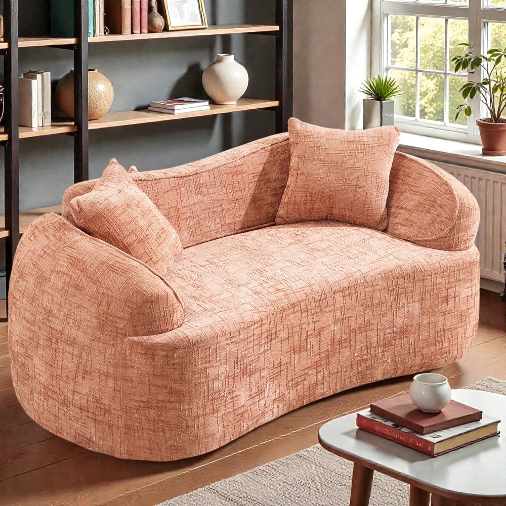 Curved 2 Seater Compressed Sofa Loveseat, Chenille Upholstered Couch with Armrests and Pillows, No Assembly