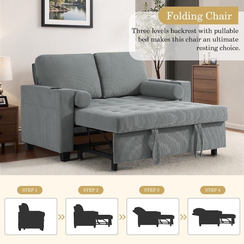 3-in-1 Corduroy Sleeper Sofa Pull-Out Bed Convertible Adjustable Loveseat with USB Port