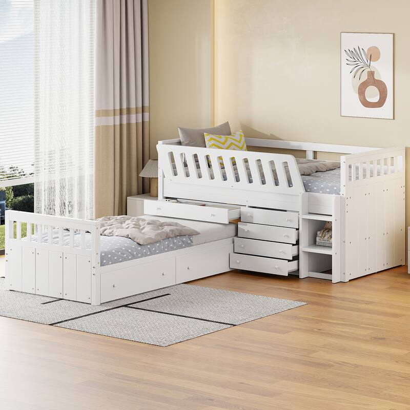 Space-Saving Twin Loft and Platform Bed with 7 Drawers and Full Guardrails in White - White