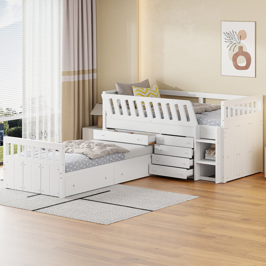 Space-Saving Twin Loft and Platform Bed with 7 Drawers and Full Guardrails in White