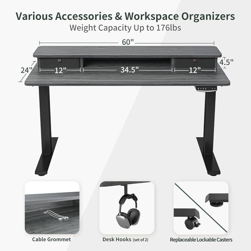 FEZIBO Height Adjustable Electric Standing Desk with Double Drawer, Stand Up Desk with Storage Shelf, Sit Stand Desk