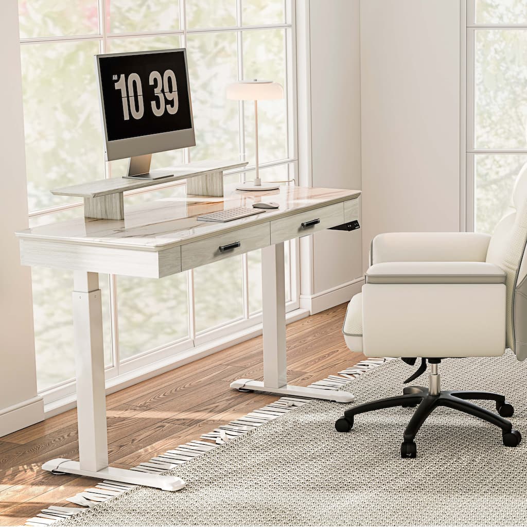 Eureka Ergonomic 55" Slate Stone Standing Desk Executive Writing Desk with 2 Drawers & Monitor Stand