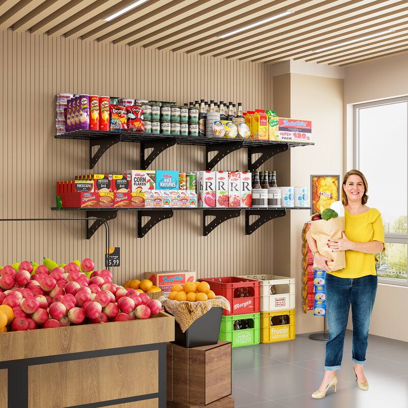 Black Metal Wall-Mounted Shelf Bracket 2-Tier Heavy Duty Storage Rack - 48x 24 x 12 in