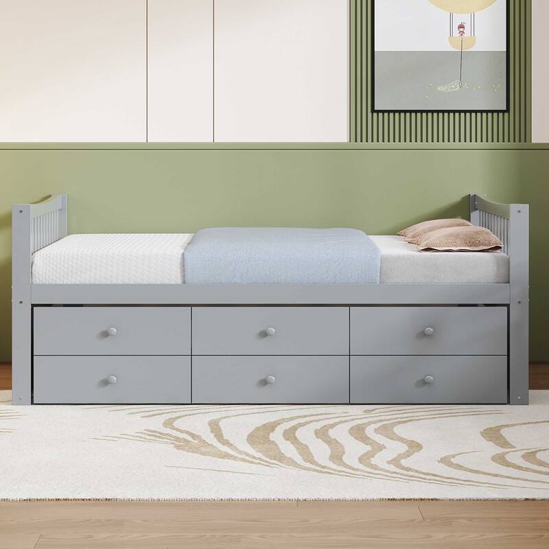 Wood Captains Bed Storage Daybed Full Size Platform Bed with Twin Size Trundle and Drawers, Built-in Smoothly Casters