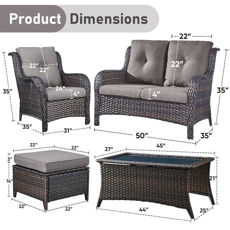 Pocassy 6 Pieces Outdoor 2-Seat Sofa Chairs Table Ottoman
