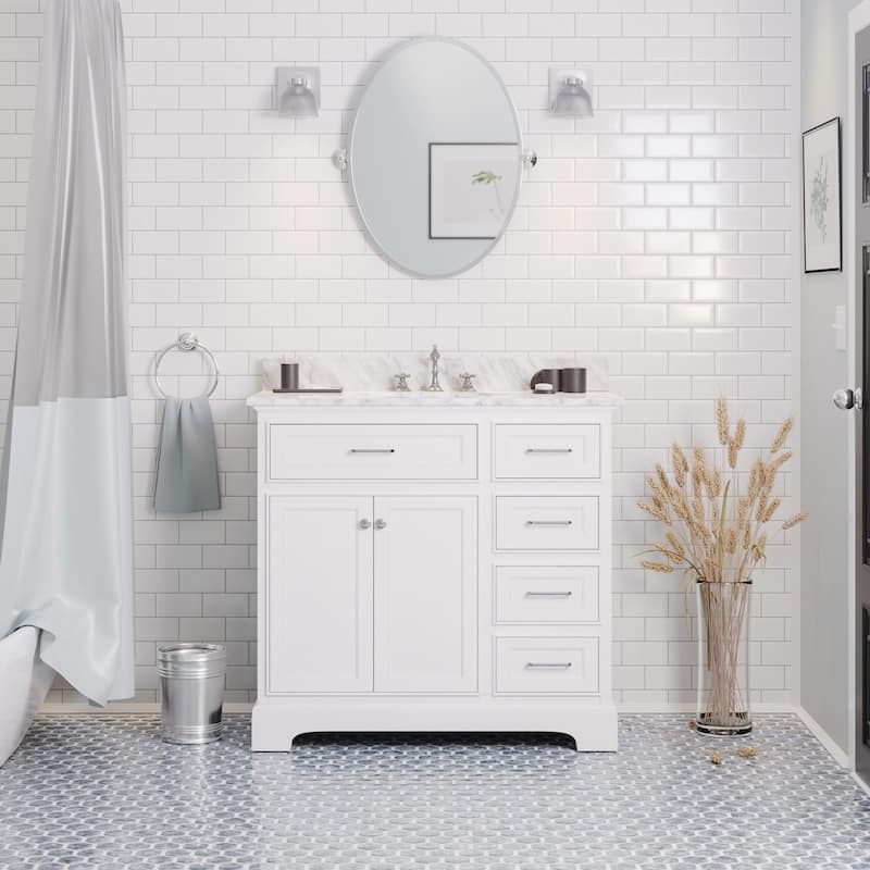 KitchenBathCollection Aria 36" Bathroom Vanity with Carrara Marble Top