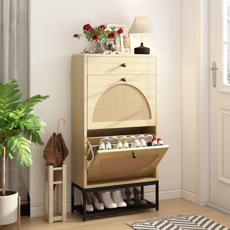 Shoe Cabinet with 2 Flip Drawers and 1 Pull Drawer, Slim Shoe Storage Cabinet Entrance Hallway Free Standing Shoe Rack - Oak