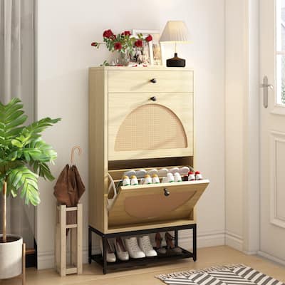 Shoe Cabinet with 2 Flip Drawers and 1 Pull Drawer, Slim Shoe Storage Cabinet Entrance Hallway Free Standing Shoe Rack