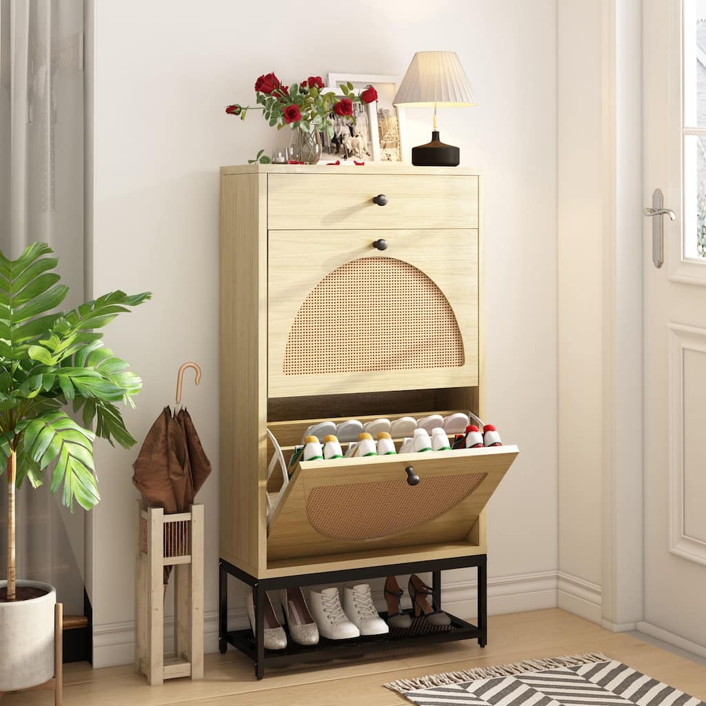 Shoe Cabinet with 2 Flip Drawers and 1 Pull Drawer, Slim Shoe Storage Cabinet Entrance Hallway Free Standing Shoe Rack
