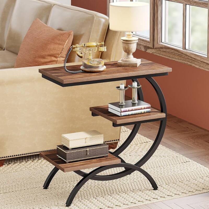 23.62 Inches Brown Wood C-Shaped End Table, 3-Tier Industrial Couch Side Table for Living Room