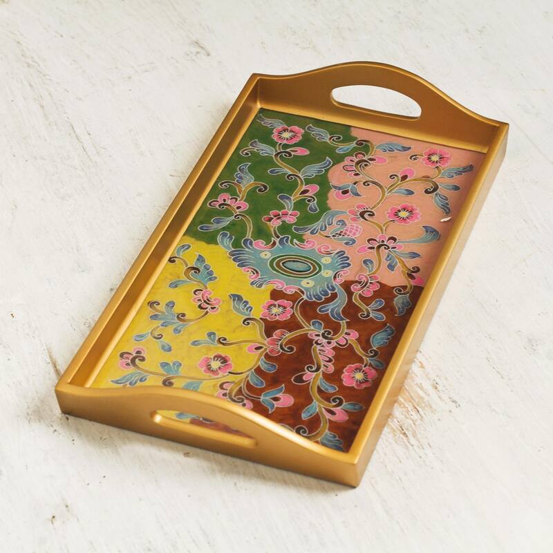 NOVICA Handmade Miraflores Flora Reverse-Painted Glass Tray
