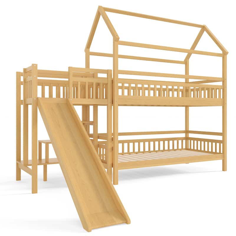 House-shaped Bunk Bed Playful Kids Bed Frame with Storage Stairs, Slide and 2 Placement Methods for Boys and Girls