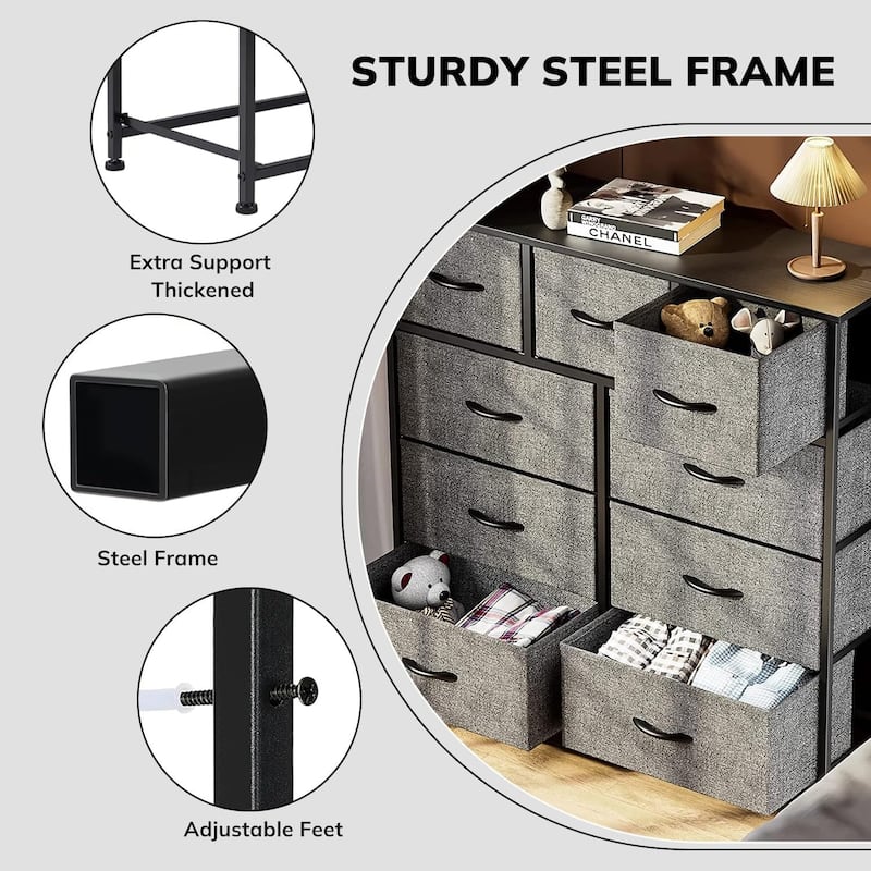 Dresser for Bedroom with 9 Drawers, Anti-Tip Tall Fabric Chests Storage Organizer Tower Furniture with Wooden Top Metal Frame