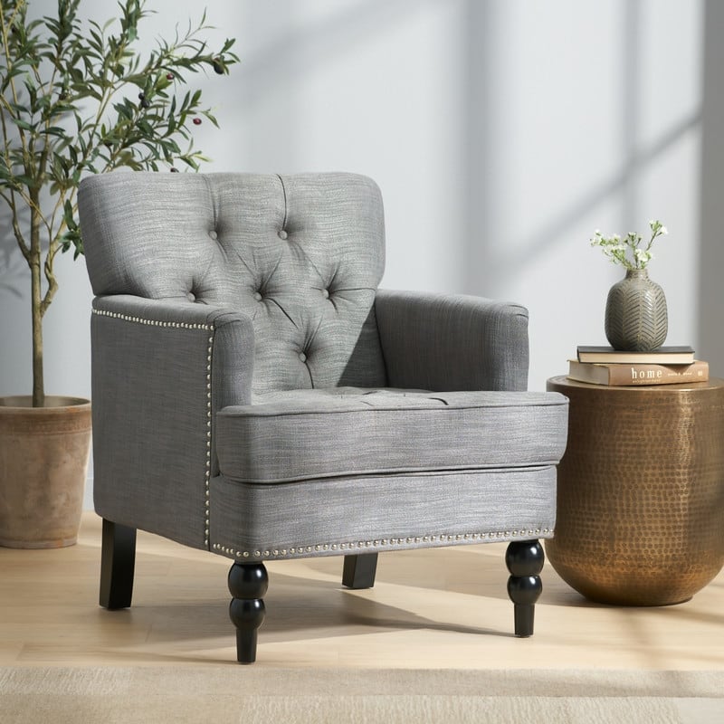 Contemporary Tufted Club Chair-Button-Tufted Diamond Stitch, Nailhead Trim&Birch Wood Legs