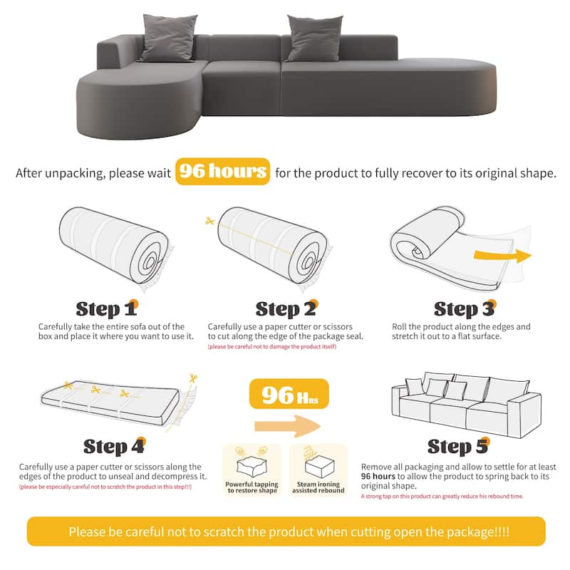 L Shaped Modular Sectional Sofa with Movable Ottoman, Corduroy Boneless Cloud Couch, Full-Compressed Deep Seat Sofa