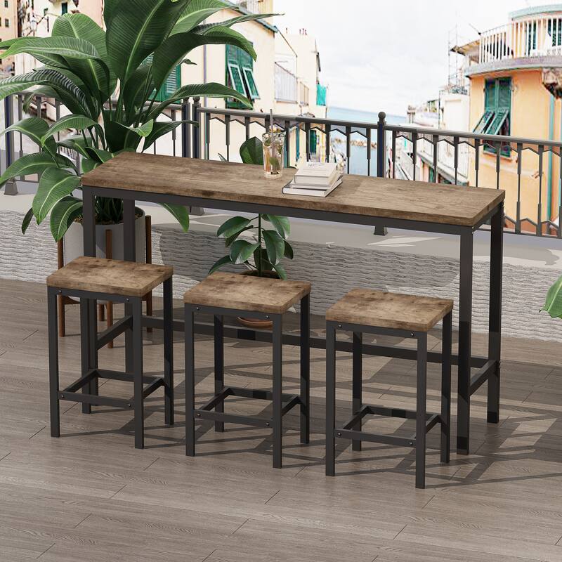 Long Dining Table Set with 3 Stools Pub Kitchen Set Side Table with Footrest