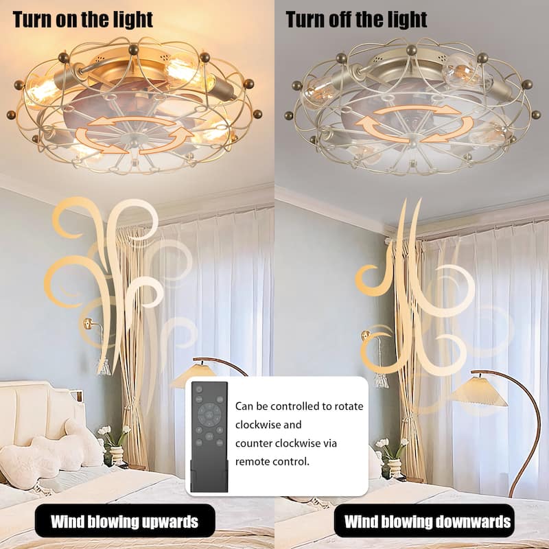 Low Profile Caged Ceiling Fan with Lights Remote Control, Embedded modern industrial ceiling fan