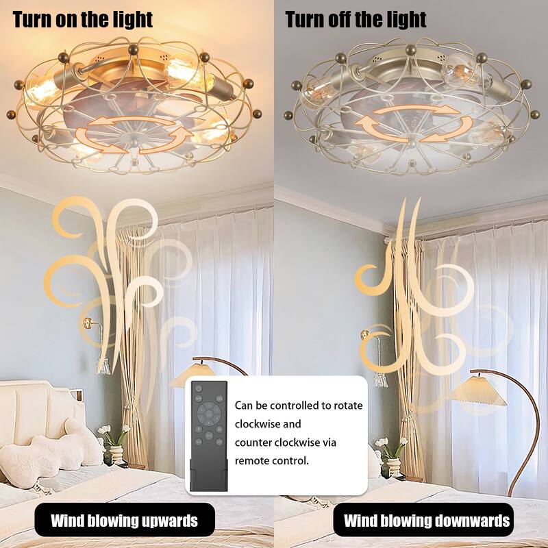 Modern Flush Mount Ceiling Fan Light with Light and Remote Control, Cage Design for Bedroom and Living Room