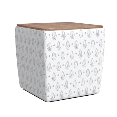 Mody Accent Ottoman, 19 Inch Brown Wood Lift Top, White Pattern Fabric