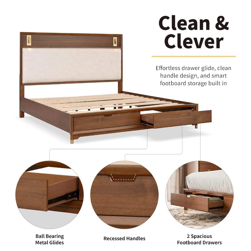 Furniture of America Forma Mid-Century Modern Walnut Boucle Storage Platform Bed with LED Reading Light