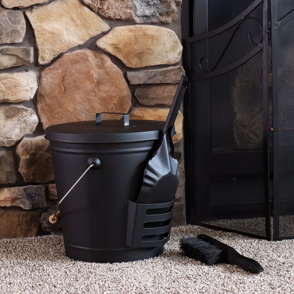 Sunnydaze 5-Gallon Fireplace Ash Bucket with Lid and Shovel and Brush