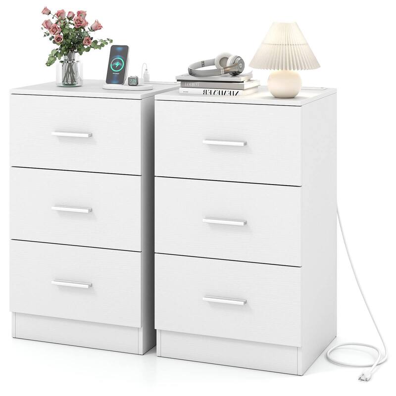 Costway 1/2 PCS Nightstand with Charging Station, 3 Storage Drawers