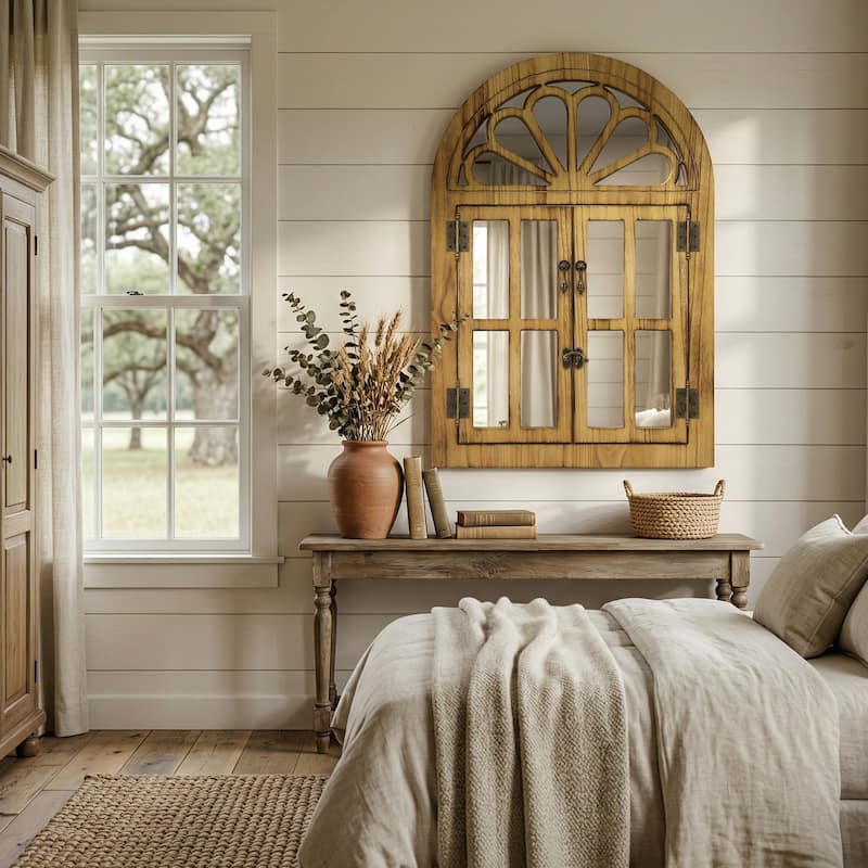 Solid Wood Arched Framed Windowpane Accent Mirror Wall Mirror