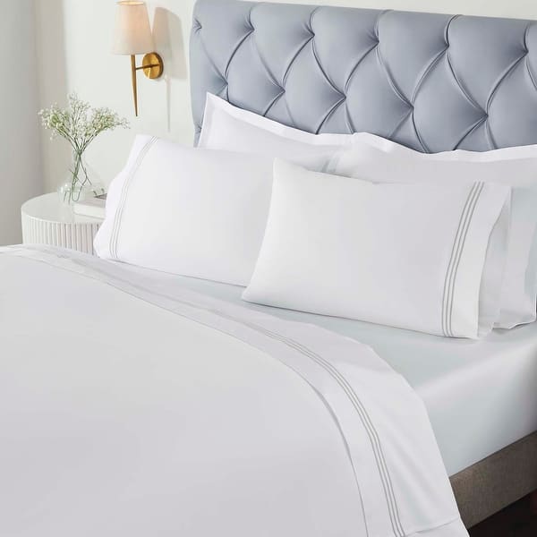 Superior Brandon Cotton Three-Line Embroidered Bed Sheet Set - White/Silver - Queen