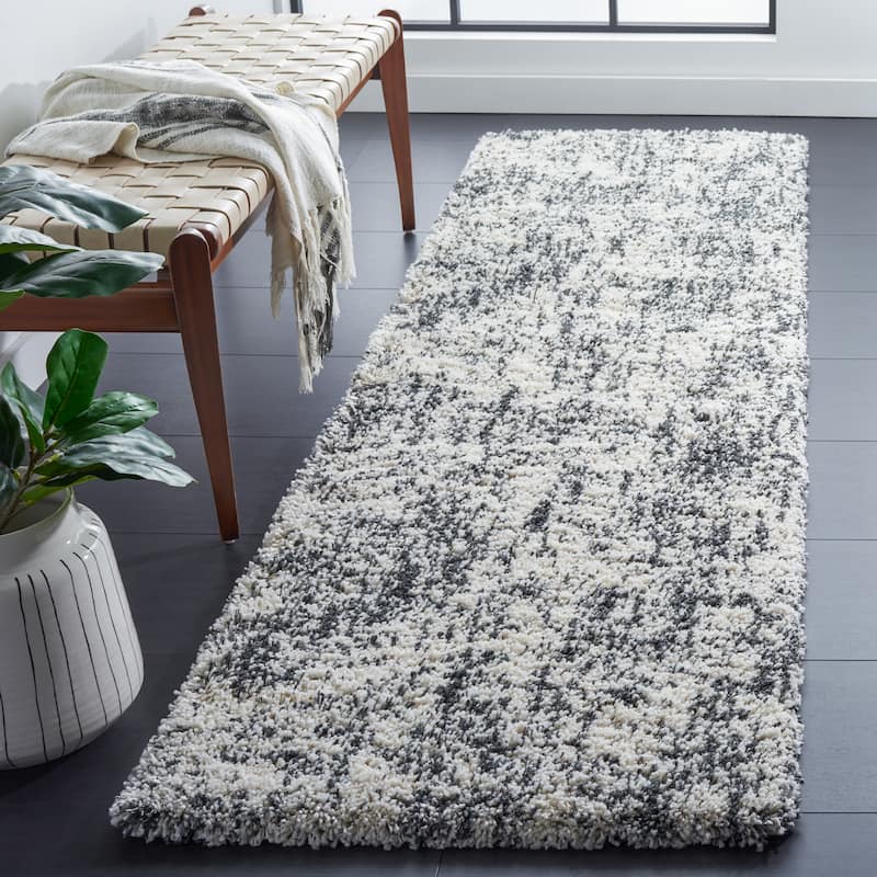 SAFAVIEH Hudson Shag Desiree Abstract 2-inch Thick Rug - 2'3" x 8' Runner - Ivory/Dark Grey
