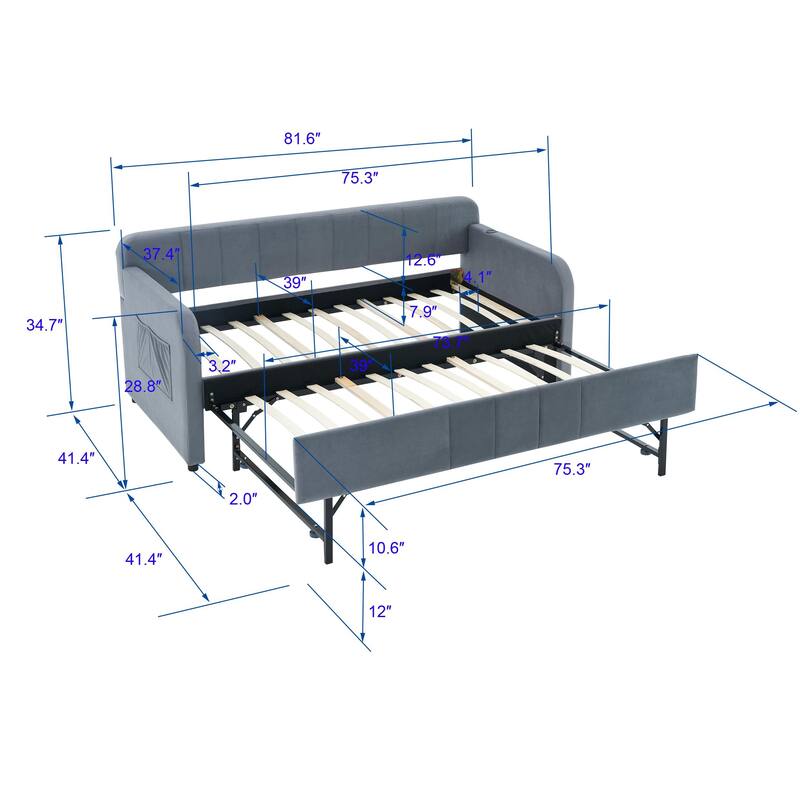 Twin Size Velvet Upholstered Daybed, Wood Sofa Bed Frame Daybed Couch with Trundle Bed and Wood Slat