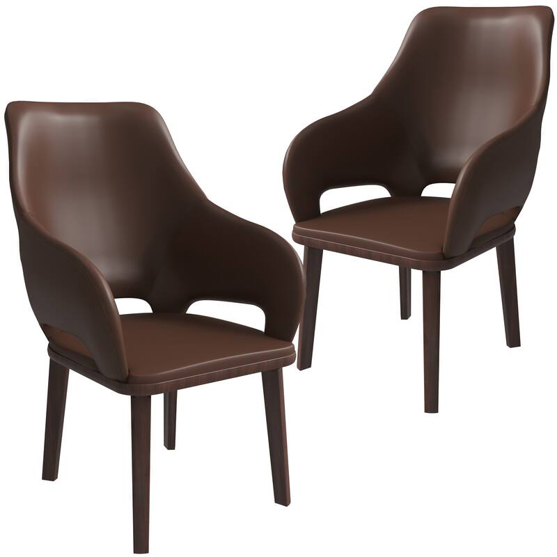 LeisureMod Set of 2 Vivara Leather Dining Chair with Padded Seat - Mid-Century Arm Chair for Home Office Bar & Kitchen - Dark Brown