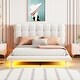 preview thumbnail 2 of 10, Beige Full Size Velvet Platform Bed with LED Frame, Thick & Soft Fabric