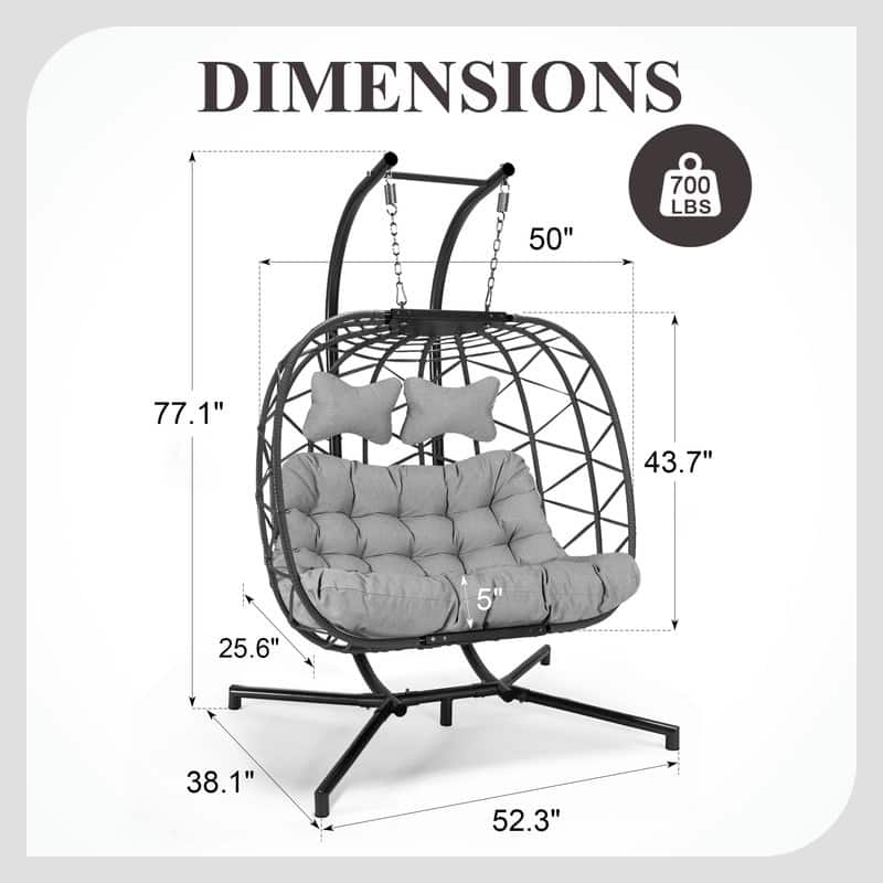 Oversized Outdoor Double Swing Egg Chair, 700 lbs Capacity 2-Person Hanging Egg Chair Swing with Cushion