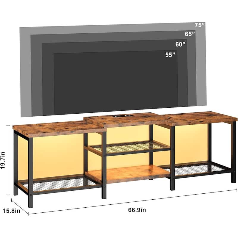 TV Stand with LED Lights, with Power Outlets, for 55/65/75