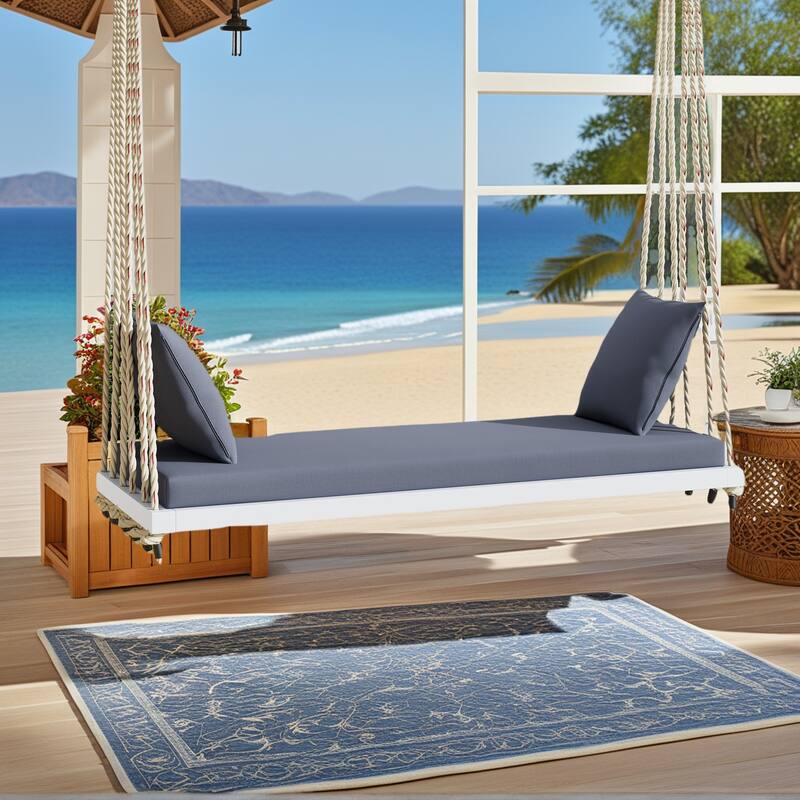 Acacia Wood Swing Chair, Hanging Porch Bench with Cushion & Pillows, 400lb Capacity & 10.8ft Ropes
