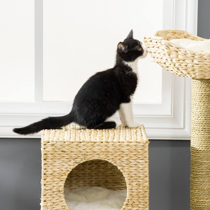 PawHut Cattail Weave Cat Tree for Indoor Cats Kitty Tower with Rattan Cat Condo, Wicker Bed, Ladder, Washable Cushions