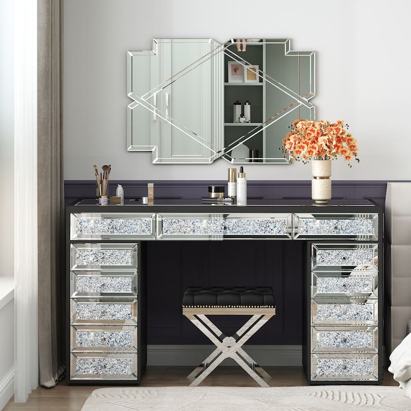 Mirrored Finish Vanity Desk Dresser with 13-Drawer