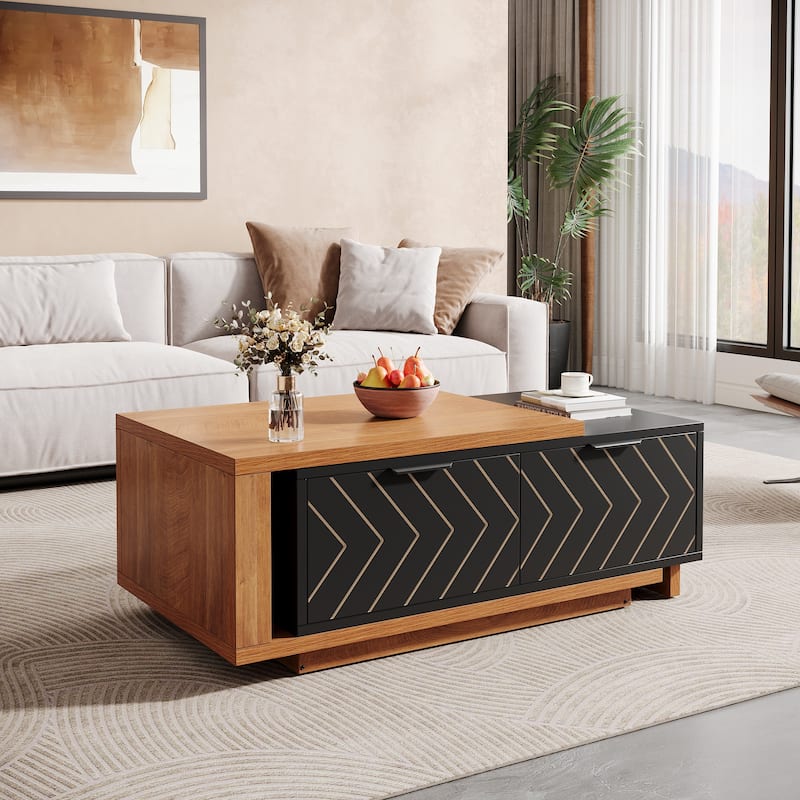 Extendable Coffee Table with 2-drawer and Wood Sliding Tabletop for Living Room