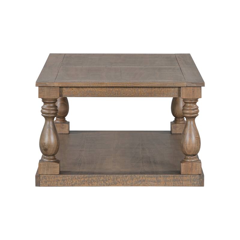 Vintage Coffee Table Featuring Artistic Vase Column Legs and Luxurious Pine Veneer for Timeless Charm