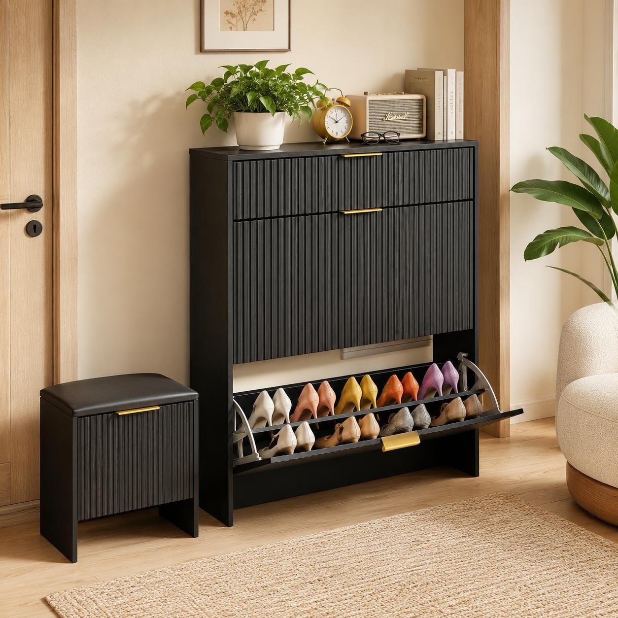 Fluted Black Shoe Storage Cabinet Set with Padded Shoe Bench & Gold Pulls Handles