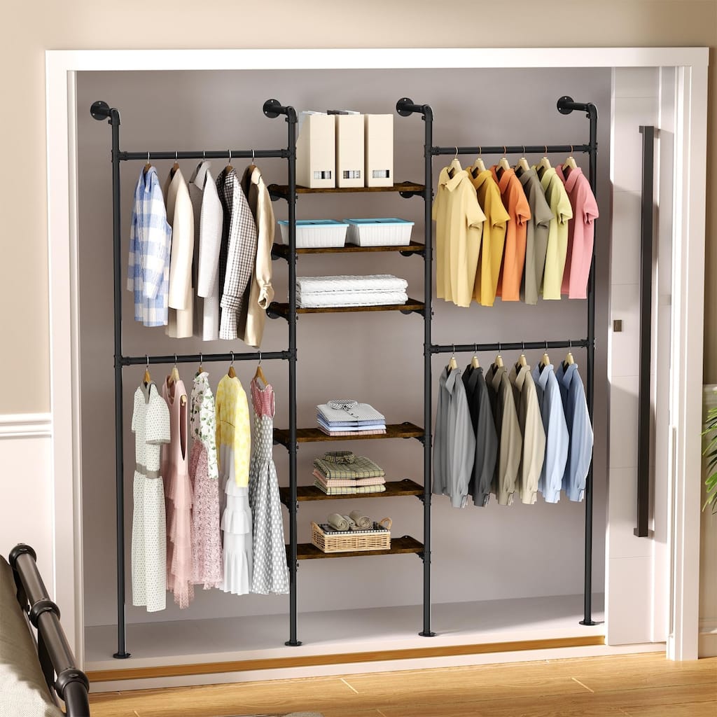 Industrial Pipe Clothing Racks, Heavy Duty Garment Rack Closet Wardrobe Rack with Shelves, Closet Clothes Rack