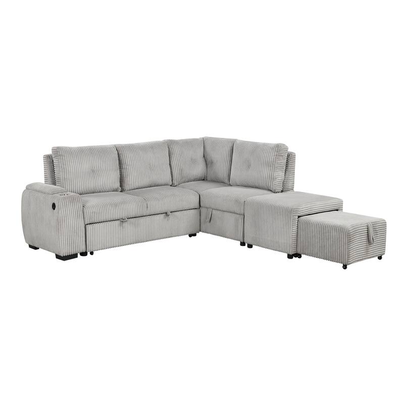 94" L-shaped Sectional Sofa Bed with Ottoman, Storage, Cup Holder & USB Ports (Light Grey Corduroy)